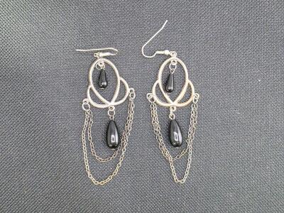 Silver Tone Dangle Earrings with Black Teardrop Beads, Double Chain, Hook Backs