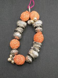 Handcrafted Ethnic Beaded Bracelet, Silver-Tone Metal & Ornate Orange Beads, Flexible, 8.5"