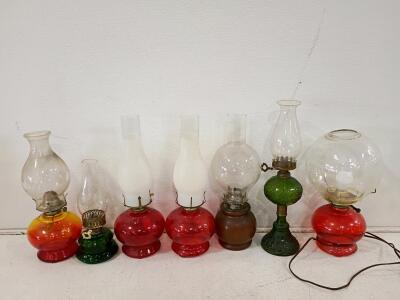 Vintage Colored Glass Oil Lamps with Etched Chimneys and Brass Burners