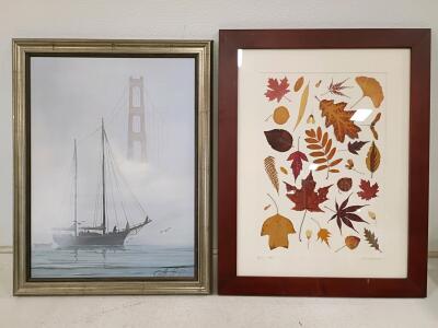 Framed Botanical Print With Mahogany Frame & Nautical Golden Gate Bridge Painting