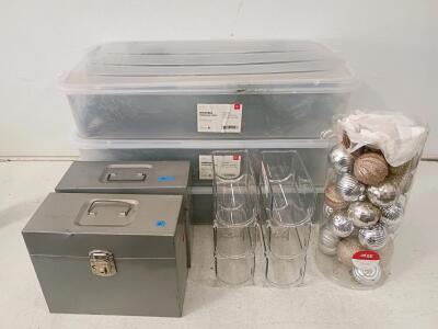 Holiday Decor & Storage Lot: Ashland Ornaments, Artificial Pine Garlands, Metal Boxes, Storage Bins