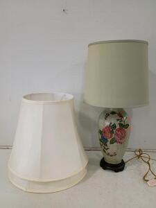 Pair of Classic Empire Style Off-White Fabric Lampshades, Spider Fitter, 16" Diameter, and Flower Pattern Lamp