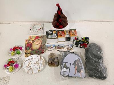 Assorted Vintage Holiday Collectibles Lot &ndash; CAROLER Bisque Figurines, CALUMET Tiles, Decor, Costume