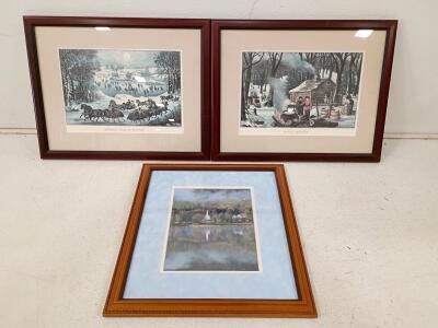 Currier & Ives Framed Prints &ldquo;Central Park in Winter&rdquo; & &ldquo;Maple Sugaring&rdquo; + Framed Church Photo