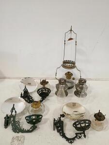 Victorian Wall and Hanging Kerosene Oil Lamps with Ornate Cast Iron Brackets & Glass Reservoirs