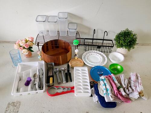 Mixed Kitchenware & Decor Lot: Plates, Bowls, Cutlery, Storage, Towels, Racks, M&M Items