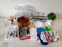 Mixed Kitchenware & Decor Lot: Plates, Bowls, Cutlery, Storage, Towels, Racks, M&M Items