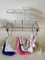 Mixed Kitchenware & Decor Lot: Plates, Bowls, Cutlery, Storage, Towels, Racks, M&M Items - 6