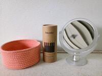 Mixed Kitchenware & Decor Lot: Plates, Bowls, Cutlery, Storage, Towels, Racks, M&M Items - 14