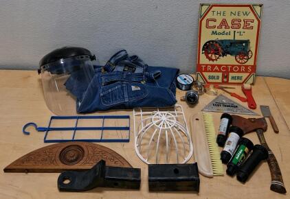 Mixed Lot: Liberty Overalls, Face Shield, Hatchet, Case Tractor Sign, Tools & Hardware