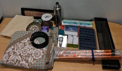 Mixed Household Lot: Textiles, Kitchenware, Lighting, Hardware, Miscellaneous (~17 Items)