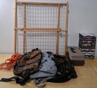 23 Movie DVD Lot, Folding Pet Gate, 2 Backpacks, Tackle Box & Extension Cord &ndash; Mixed Bundle