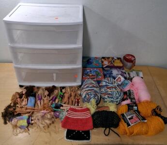 Plastic Drawer Organizer, 12 Barbie Dolls, 5 Skeins Yarn, Disney & Pok&eacute;mon Lunchboxes, Containers