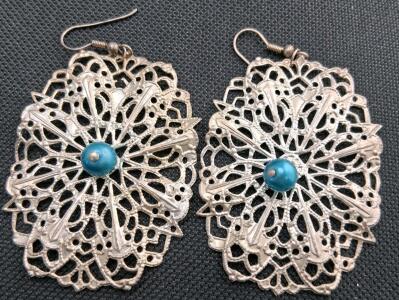 Filigree Dangle Earrings with Turquoise Bead, Silver-Tone Metal, Fishhook Clasp