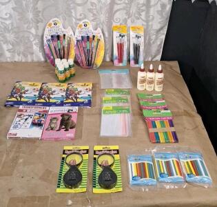 (2) 9-Piece Artist Brush Sets (2) 5-Piece Artist Brush sets, (5) 2-Oz Bottles Of Green Acrylic Paint, (5) Assorted Valentines Day Sticker & Keychain Sets, (3) 4-Oz Bottles Of Wood Glue & More