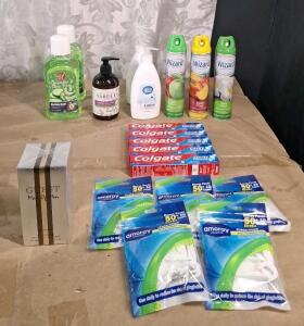 (1) 3.4-Fl Oz Bottle Of Guest Man of Men Eau de Toilette By Fragrance Couture, (5) Tubes Of Colgate Toothpaste, (5) 50-Count Packs Of Floss Picks, (3) 10-Oz Cans Of Wizard Odor Neutralizer / Air Freshener Spray & More