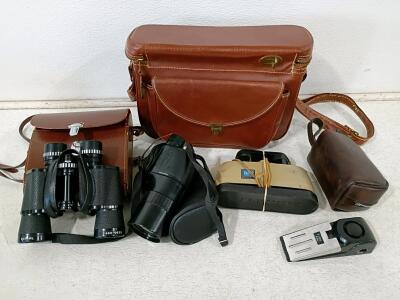 Empire 7x35 Binoculars, Bushnell Viewer, Russian 10x46 Monocular, Doorstop Alarm, Carry Cases