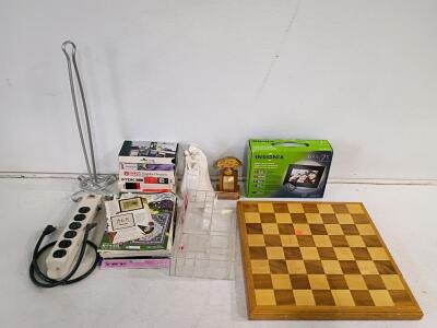 Insignia NS-DPF7G Photo Frame, Wooden Chess Board, VHS Videos, Figurine, Trophy, Lot of 13+