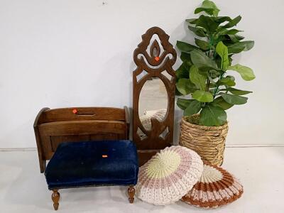 Vintage Footstool, Magazine Rack, Mirror, Crochet Pillows, Faux Plant &ndash; 6-Piece Decorative Lot