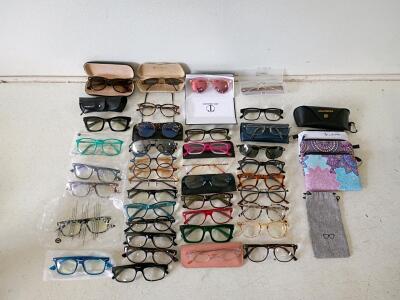 Large Lot 40 Mixed Eyeglasses & Sunglasses &ndash; Multiple Brands, Styles, Sizes, Many with Cases