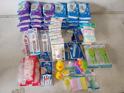 Bulk Bebin Diapers Sizes 5/6, BabyKing Safety Locks, Outlet Covers, Feeding & Bath Lot