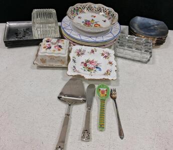 Assorted Vintage Tableware Set &ndash; Porcelain Plates, Pressed Glass, Floral, Serving Utensils, 16+ Pieces