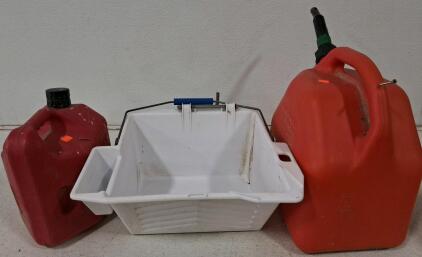 Gas Cans (2, 5-Gallon & 5-Gallon) with Utility Tote, Plastic Construction, Pour Spout Included