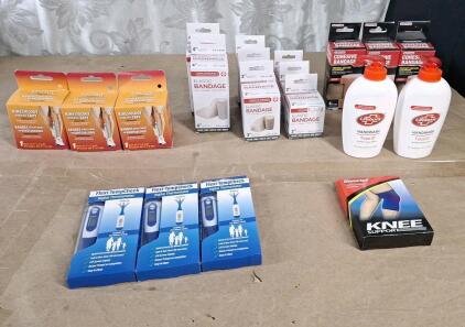 (3) Flexi-Temp Check Digital Thermometers, (3) 2"W Rolls Of Kinesiology Tape, (2) 4"W Elastic Bandages, (3) 3"W Elastic Bandages, (3) 4"W Elastic Bandages , (3) 4"W Cohesive Bandages, (1) Knee Support Sleeve & (2) 8.45-Oz Bottles Of Lifebouy Handwash