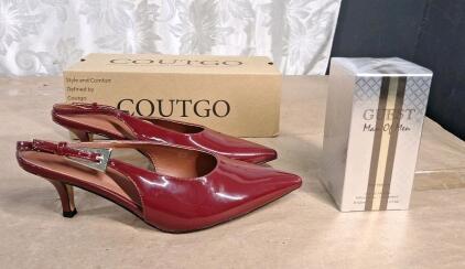(1) Pair Of Coutgo Wine Red Patent Leather Slingback Kitten Heels, Size 8 & (1) 3.4-Fl Oz Bottle Of Guest Man of Men Eau de Toilette By Fragrance Couture