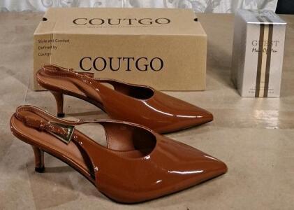 (1) Pair Of Coutgo Brown Patent Leather Slingback Kitten Heels, Size 10 & (1) 3.4-Fl Oz Bottle Of Guest Man of Men Eau de Toilette By Fragrance Couture