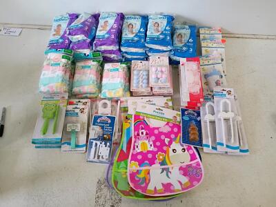 Mixed Lot Baby Essentials: Diapers, Bibs, Underwear, Safety Locks, Cups, Rattles