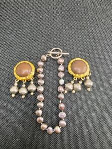 Untested Baroque Freshwater Pearl Bracelet & Matching Dangle Earrings, Gold Accents, Gray-Lavender Pearls