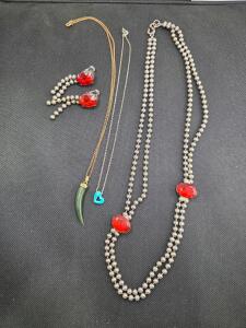Costume Jewelry Set with Green Horn and Blue Heart Pendant Necklaces, Gray Bead and Red Stone Necklace, Matching Earrings