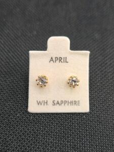 Untested April Birthstone Stud Earrings, White Sapphire, Round Cut, Gold-Tone Setting, 4mm Diameter