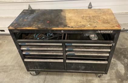 Husky" 9-Drawer Rolling Tool Chest with Wood Top & Electrical Outlet, Black, Lockable 46x18x37&rdquo;