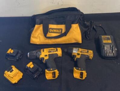 DeWalt 12V MAX Drill/Driver & Impact Driver Set, 3 Batteries, Charger, Bag, DCB100 Charger ( Powers On )
