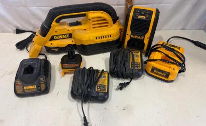 DeWalt DC515 18V Cordless Wet/Dry Vacuum, DCR006 Bluetooth Speaker, DCB107 & DW9226 Chargers Lot