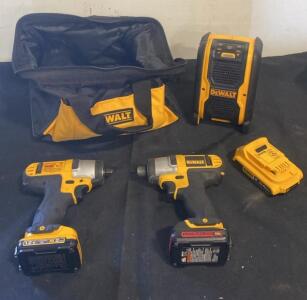 Dewalt Cordless Tool Set with 2 Impact Drivers, DCR006 Bluetooth Speaker, Batteries, and Charger ( Working )