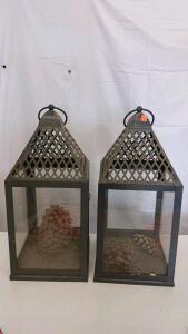 Pair of Large 20.5" Black Metal & Glass Decorative Lanterns with Lattice Top, Square Base