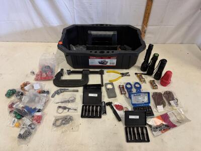 Large Tool Box with Hand Tools, C-Clamp, Tactical Flashlights, Keychain Novelties, & Bits