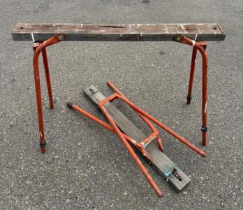 Folding Metal Sawhorse Pair &ndash; Wood Top, Orange Steel Legs, Heavy Duty, Approx. 40"x21"x30"