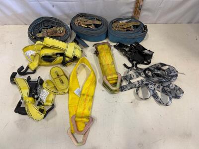 Assorted Ratchet Tie Down and Tow Straps, Mixed Sizes & Hooks, Set of 8, Yellow/Blue/Camo