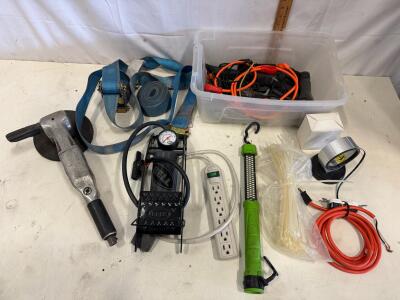 Mixed Garage Tools Lot: Bell Foot Pump, Ratchet Straps, Angle Grinder, Power Strip, Accessories