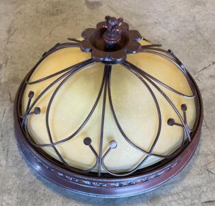 Ornate Bronze Flush Mount Ceiling Light, Amber Frosted Glass, 16" Diameter, 2 Bulb, Flower Design