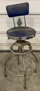 Kobalt Shop Stool with Backrest, Swivel Seat, Blue Vinyl, Steel Frame, Footrest