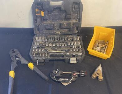 Mixed Hand Tool Lot with Socket Set, Husky Tube Cutter, Air Fittings, Case and Accessories