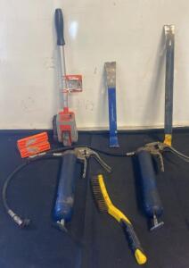 Lufkin MW38 Measuring Wheel, Dasco Pro Wrecking Bars, Grease Guns, Wire Brush, Carpenter Pencils