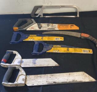 Lot of 7 Hand Saws: IRWIN 13" PVC, TOUGHBUILT 18" PVC, LENOX Back Saws, Pruning & Hack Saw