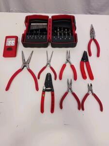 MAC Tools Hand Tool Lot: Work Light, Wire Stripper, Long Nose Pliers, Drill Bit Set