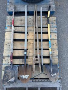Assortment of Used Hand Gardening Tools (Shovels, Rake, Fork/Cultivator)